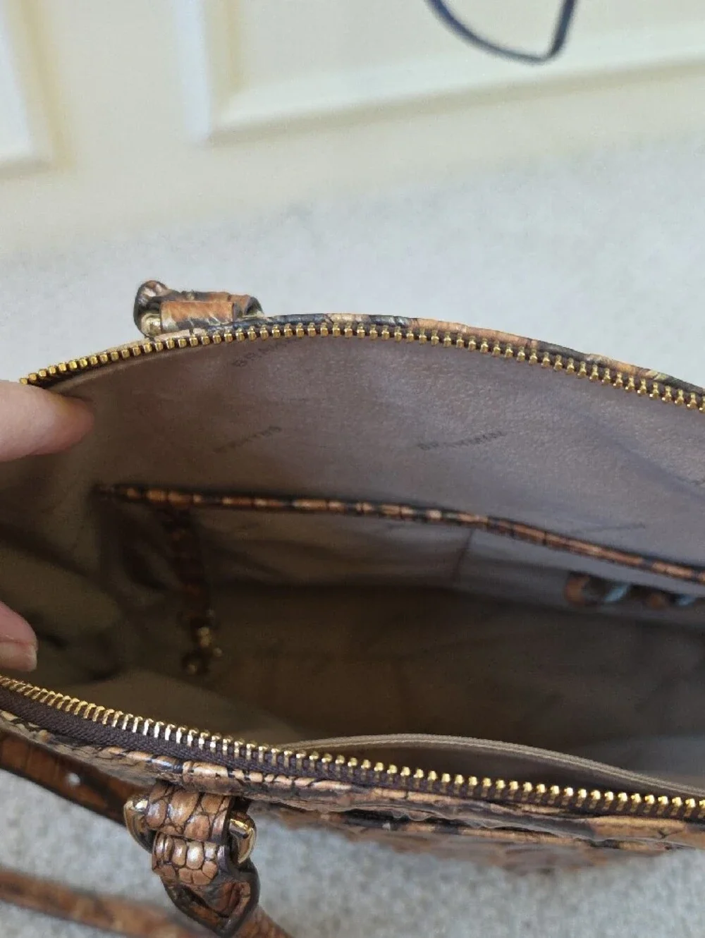 Brahmin Brown and Tan Croc-Embossed Zebra Accent Shoulder Bag